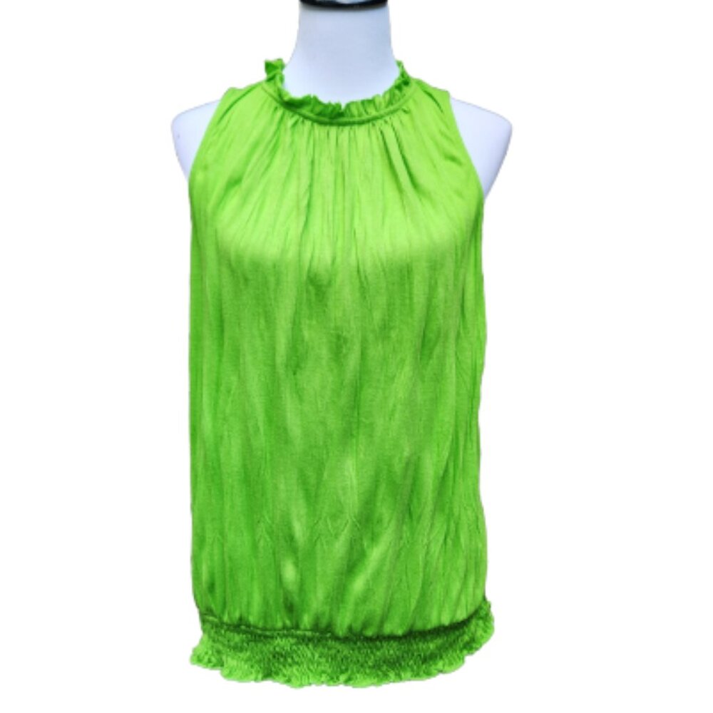 Cato Bright Green Crepe Blouse Mockneck Sleeveless Smocked Hem